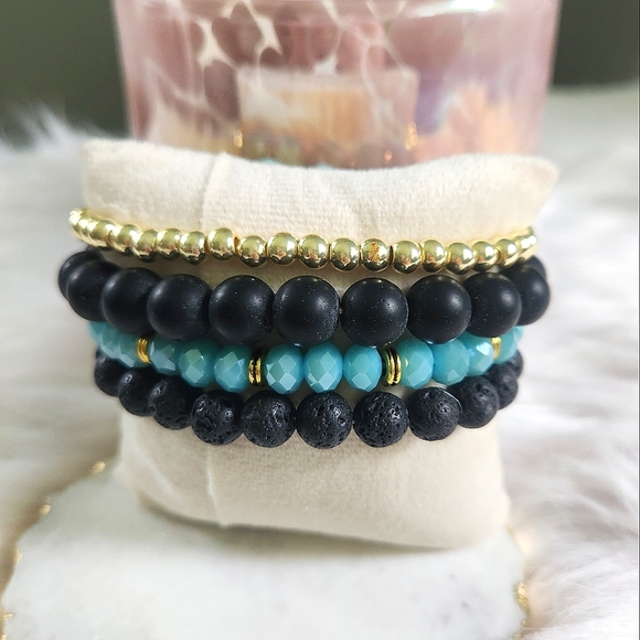 NWT Ryze Natural Stone Larimar & Lava Rock Beaded Staxx Bracelets - Set of 4 - Picture 6 of 8